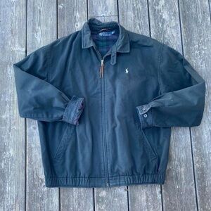 Vintage 1990s Polo Ralph Lauren Black Plaid Lined Cotton Harrington Windbreaker